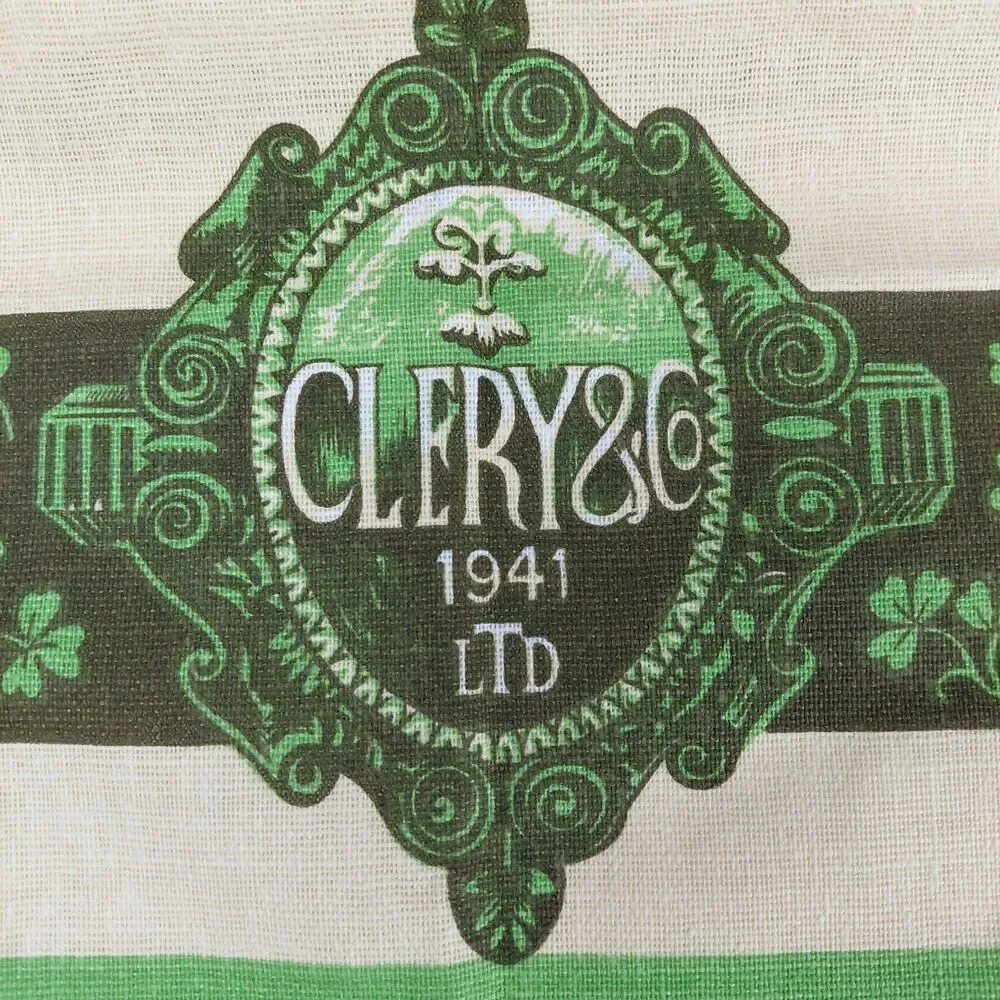 Vtg Clerys of Dublin Ireland Tea Towel Kitchen Bar Shamrocks Irish 29x19